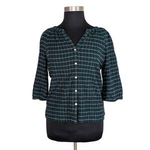 J. Jill XL Green Plaid Top Puff Half Sleeves Cottagecore Fairycore Fall Retro